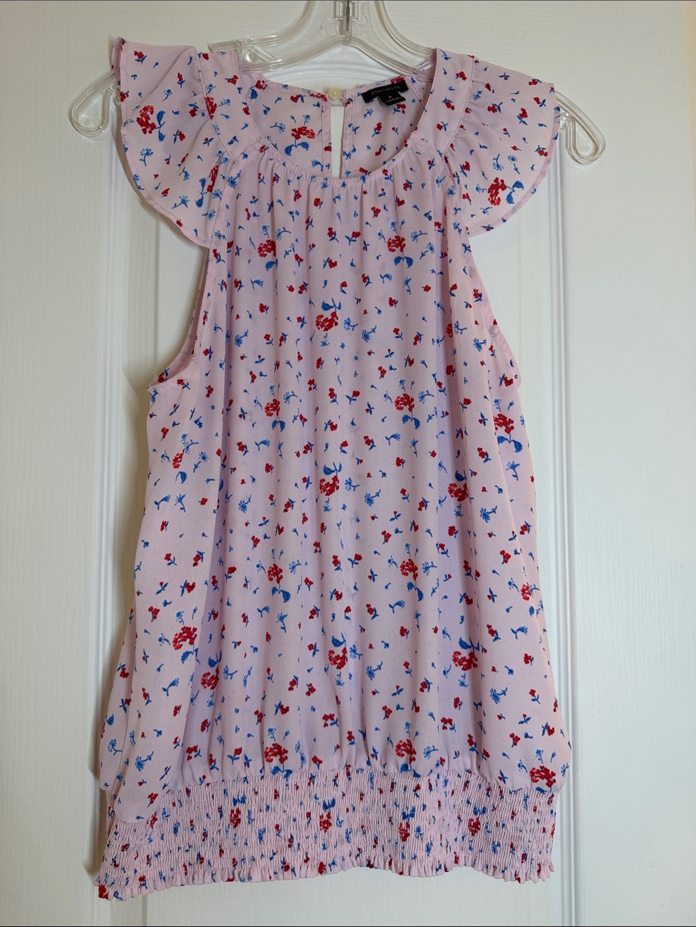 Ann Taylor Pink Floral Ruffle Cap Sleeve Tank Top